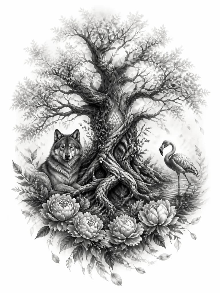 Тату эскиз: Эскиз татуировки на спине девушки в стиле реализм black & gray, 20–25 см. Вертикальная композиция «столб силы» со смещением от позвоночника. Иггдрасиль с мощным стволом, фактурной корой и глубокими тенями; лёгкая полупрозрачная листва; корни мягко уходят в тени. Слева у корней — собранная волчица, будто охраняет дерево; справа — лёгкий фламинго в воде; у подножия полукруг пионов. Падающие лепестки смешиваются с корнями. Без жёстких рамок и границ; края растворяются. Акцент на балансе масс.