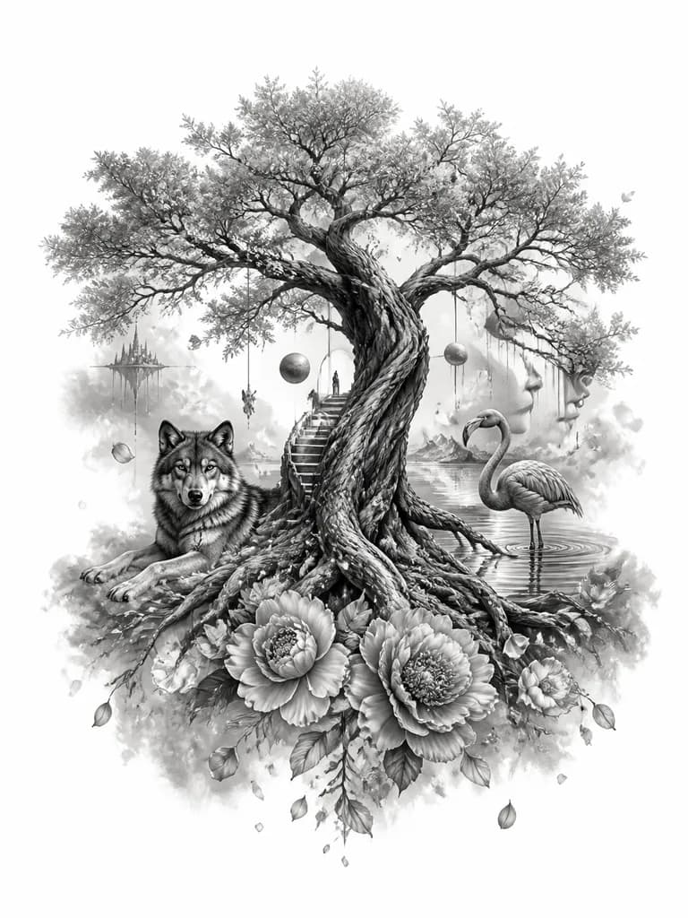 Тату эскиз: Эскиз татуировки на спине девушки в стиле реализм black & gray, 20–25 см. Вертикальная композиция «столб силы» со смещением от позвоночника. Иггдрасиль с мощным стволом, фактурной корой и глубокими тенями; лёгкая полупрозрачная листва; корни мягко уходят в тени. Слева у корней — собранная волчица, будто охраняет дерево; справа — лёгкий фламинго в воде; у подножия полукруг пионов. Падающие лепестки смешиваются с корнями. Без жёстких рамок и границ; края растворяются. Акцент на балансе масс.