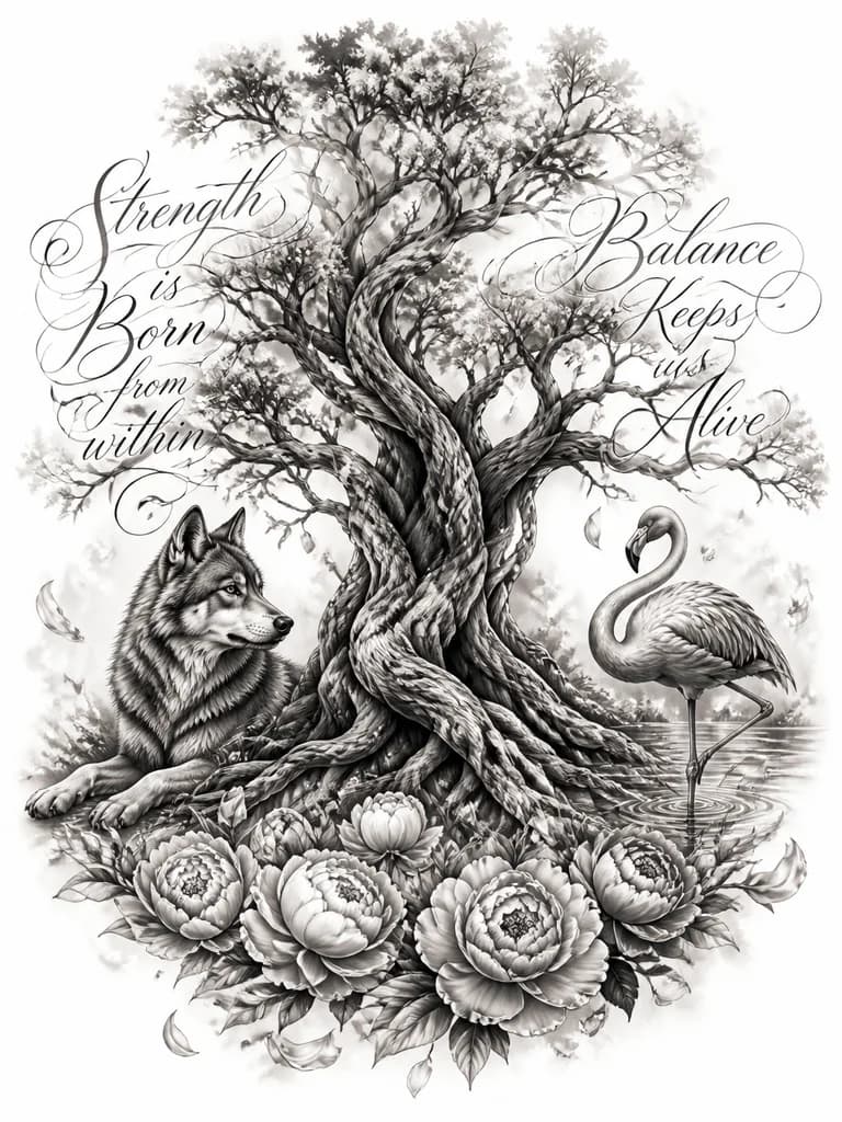 Тату эскиз: Эскиз татуировки на спине девушки в стиле реализм black & gray, 20–25 см. Вертикальная композиция «столб силы» со смещением от позвоночника. Иггдрасиль с мощным стволом, фактурной корой и глубокими тенями; лёгкая полупрозрачная листва; корни мягко уходят в тени. Слева у корней — собранная волчица, будто охраняет дерево; справа — лёгкий фламинго в воде; у подножия полукруг пионов. Падающие лепестки смешиваются с корнями. Без жёстких рамок и границ; края растворяются. Акцент на балансе масс.