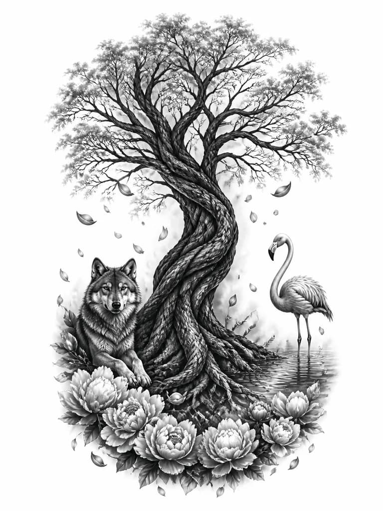 Тату эскиз: Эскиз татуировки на спине девушки в стиле реализм black & gray, 20–25 см. Вертикальная композиция «столб силы» со смещением от позвоночника. Иггдрасиль с мощным стволом, фактурной корой и глубокими тенями; лёгкая полупрозрачная листва; корни мягко уходят в тени. Слева у корней — собранная волчица, будто охраняет дерево; справа — лёгкий фламинго в воде; у подножия полукруг пионов. Падающие лепестки смешиваются с корнями. Без жёстких рамок и границ; края растворяются. Акцент на балансе масс.