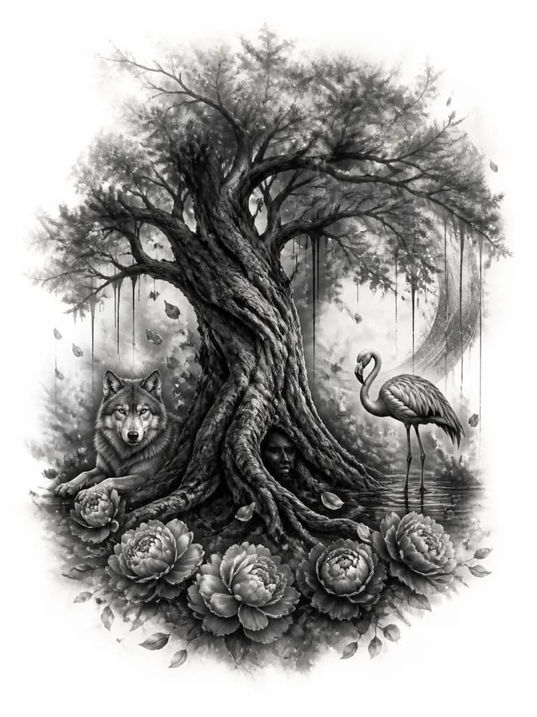Тату эскиз: Эскиз татуировки на спине девушки в стиле реализм black & gray, 20–25 см. Вертикальная композиция «столб силы» со смещением от позвоночника. Иггдрасиль с мощным стволом, фактурной корой и глубокими тенями; лёгкая полупрозрачная листва; корни мягко уходят в тени. Слева у корней — собранная волчица, будто охраняет дерево; справа — лёгкий фламинго в воде; у подножия полукруг пионов. Падающие лепестки смешиваются с корнями. Без жёстких рамок и границ; края растворяются. Акцент на балансе масс.