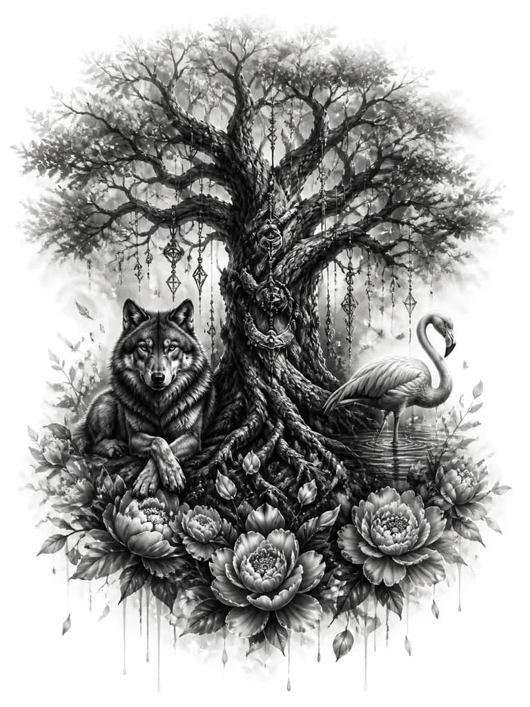 Тату эскиз: Эскиз татуировки на спине девушки в стиле реализм black & gray, 20–25 см. Вертикальная композиция «столб силы» со смещением от позвоночника. Иггдрасиль с мощным стволом, фактурной корой и глубокими тенями; лёгкая полупрозрачная листва; корни мягко уходят в тени. Слева у корней — собранная волчица, будто охраняет дерево; справа — лёгкий фламинго в воде; у подножия полукруг пионов. Падающие лепестки смешиваются с корнями. Без жёстких рамок и границ; края растворяются. Акцент на балансе масс.