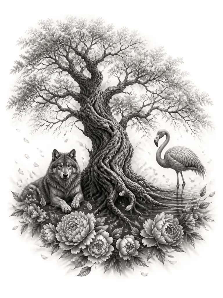 Тату эскиз: Эскиз татуировки на спине девушки в стиле реализм black & gray, 20–25 см. Вертикальная композиция «столб силы» со смещением от позвоночника. Иггдрасиль с мощным стволом, фактурной корой и глубокими тенями; лёгкая полупрозрачная листва; корни мягко уходят в тени. Слева у корней — собранная волчица, будто охраняет дерево; справа — лёгкий фламинго в воде; у подножия полукруг пионов. Падающие лепестки смешиваются с корнями. Без жёстких рамок и границ; края растворяются. Акцент на балансе масс.