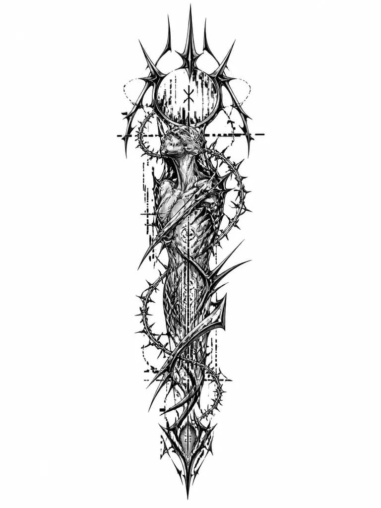 Тату эскиз: Full sleeve tattoo concept, heavy blackwork tribal patterns, sharp spiky edges, futuristic ornaments, detailed linework, stencil art, white background