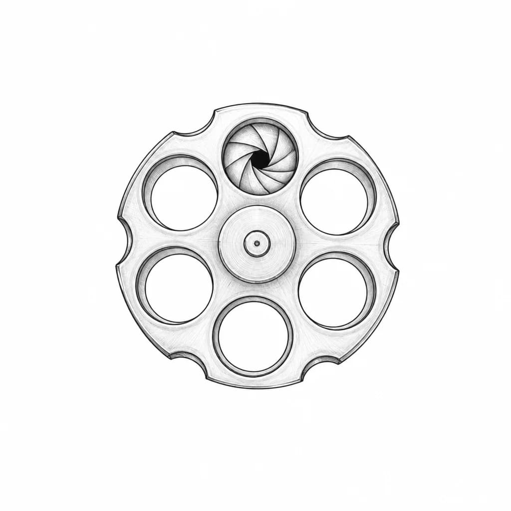 Тату эскиз: "Design a tattoo sketch of a revolver drum with all chambers empty except for one containing a camera lens diaphragm."