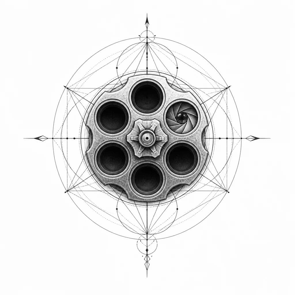 Тату эскиз: "Design a tattoo sketch of a revolver drum with all chambers empty except for one containing a camera lens diaphragm."