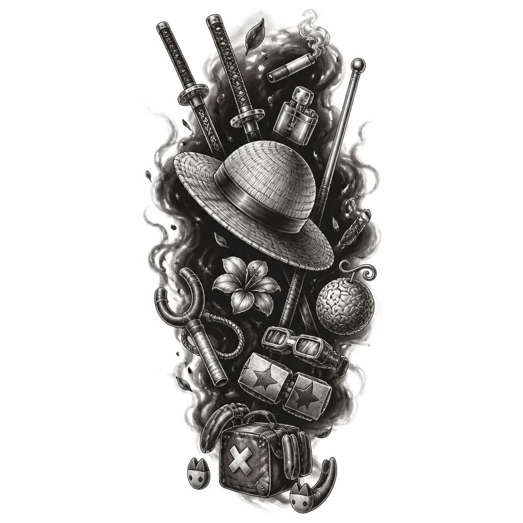 Тату эскиз:
Композиция вертикальная, с тёмным фоном, будто чёрное море. В центре, с лёгким наклоном, соломенная шляпа Люффи — Straw Hat — с красной лентой. Вокруг неё, парящие в чёрном пространстве, предметы команды Мугивара: три меча Зоро, один из которых — Вада Ичидзёнаги — с чёрным лезвием, красными рунами и самурайской цубой; сигарета и зажигалка Санджи; посох Нами; цветок Робин; два копытца и докторская сумка Чоппера; рогатка Усоппа; супер-руки и очки Фрэнки; дьявольский фрукт
