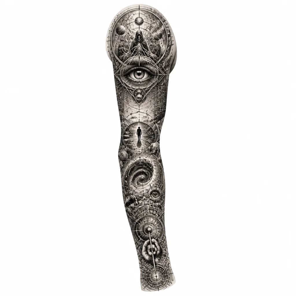 Тату эскиз: Prompt: Minimalist fine line tattoo design, symbolic representation of "piercing the illusion of reality", eye within a geometric fractal, occult symbolism, esoteric aesthetics, clean white background, black ink, highly detailed linework.