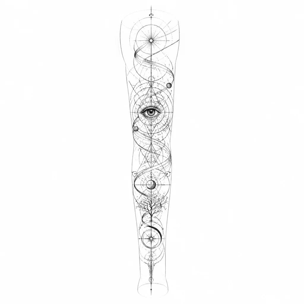 Тату эскиз: Prompt: Minimalist fine line tattoo design, symbolic representation of "piercing the illusion of reality", eye within a geometric fractal, occult symbolism, esoteric aesthetics, clean white background, black ink, highly detailed linework.