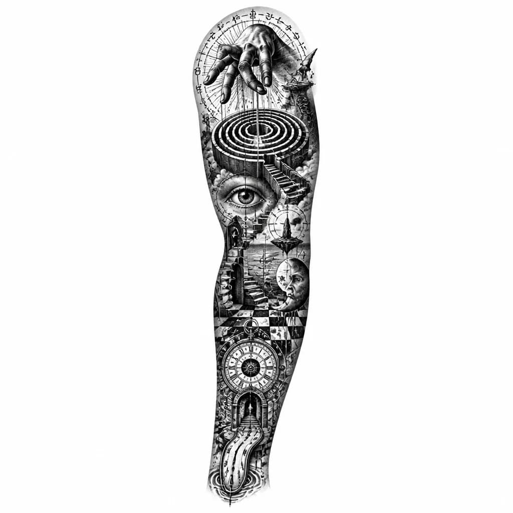 Тату эскиз: Prompt: Tattoo design in woodcut engraving style, alchemical symbols of transformation, a hand manipulating a labyrinth, dark academia aesthetic, mystical atmosphere, blackwork, high contrast, intricate details, white background.