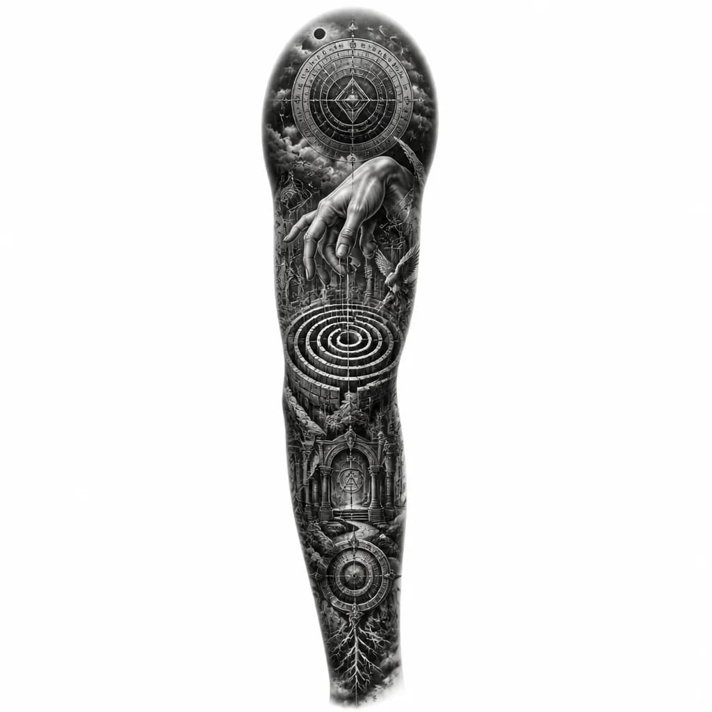 Тату эскиз: Prompt: Tattoo design in woodcut engraving style, alchemical symbols of transformation, a hand manipulating a labyrinth, dark academia aesthetic, mystical atmosphere, blackwork, high contrast, intricate details, white background.