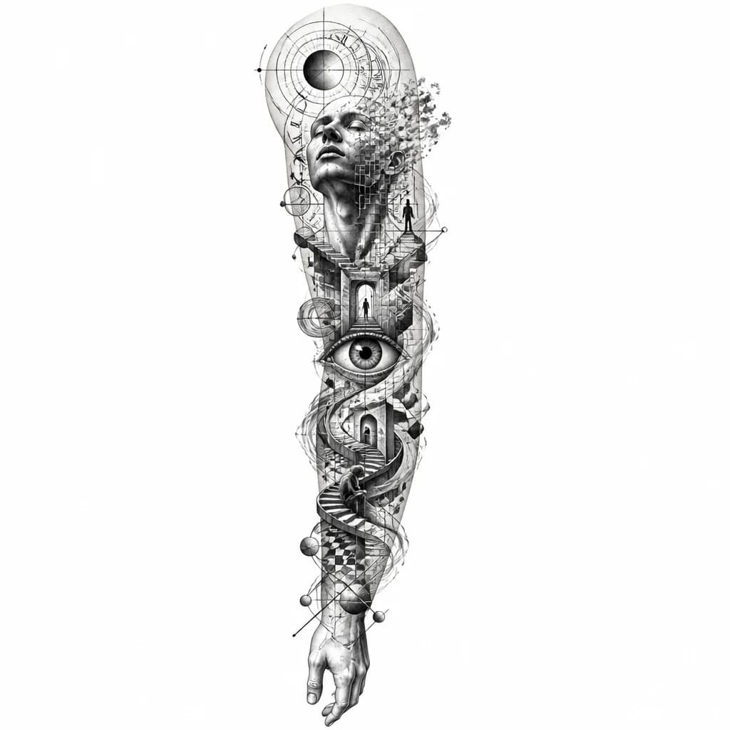 Prompt: Surrealist tattoo concept, a human silhouette dissolving into geometric patterns and smoke, representing the deconstruction of the ego, fine line art, dotwork shading, mystical and cerebral, black ink, isolated on white.