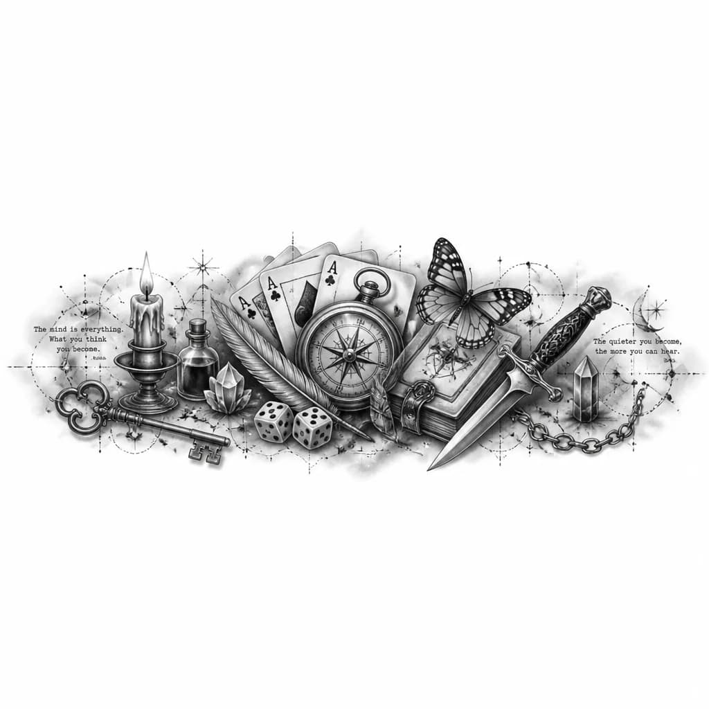 Тату эскиз: Тату отдельные. С картами, с философскими надписями, с пером, с бабочками, ножом, магическими предметами, ключами, игральными кубиками и так далее по своему усмотрению
