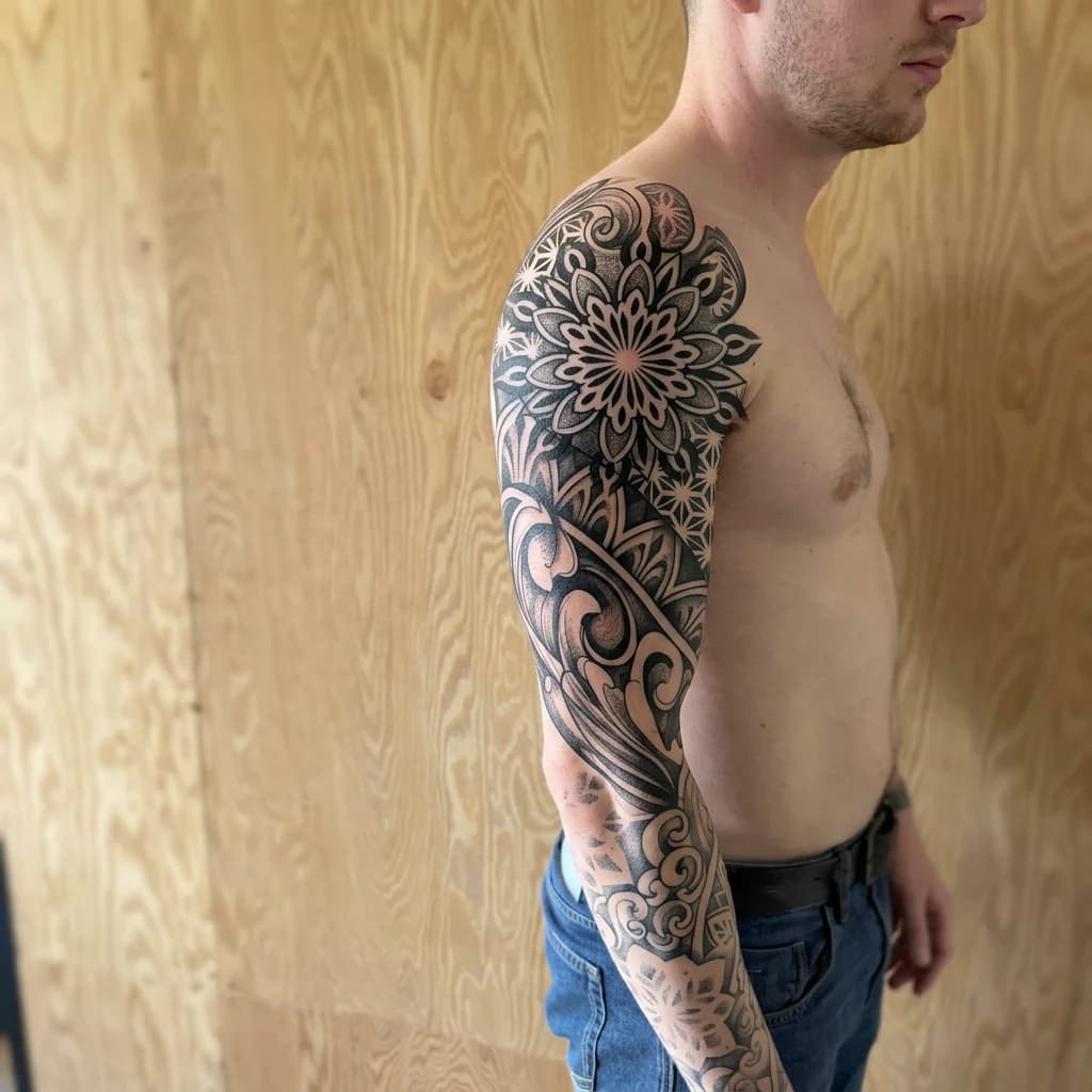 Тату эскиз: Cover-up: Вот эскиз тату, в верхней части нужно заменить узор круглого вида (цветок) на не круглый узор, чтобы он был похож на что то среднее между волнами в нижней части руки (или на средней картинке слева на фотографии) и геометрический узор, как на верхней картинке слева фотографии, общая тату должна выглядеть максимально эстетично и красиво (floral)
