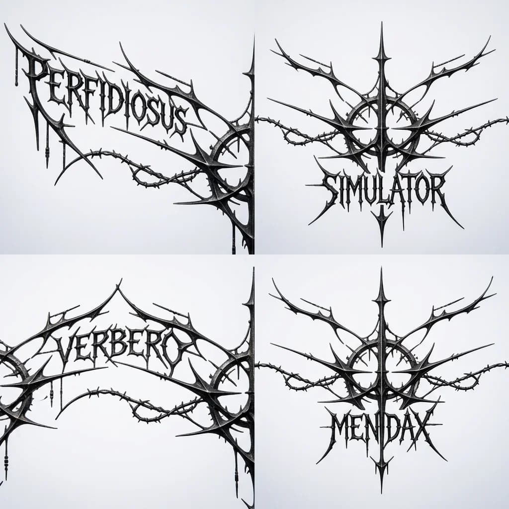 Тату эскиз: Расположи в таком порядке: слева сверху — Perfidiosus, справа сверху — Simulator, слева снизу — Verbero, справа снизу — Mendax