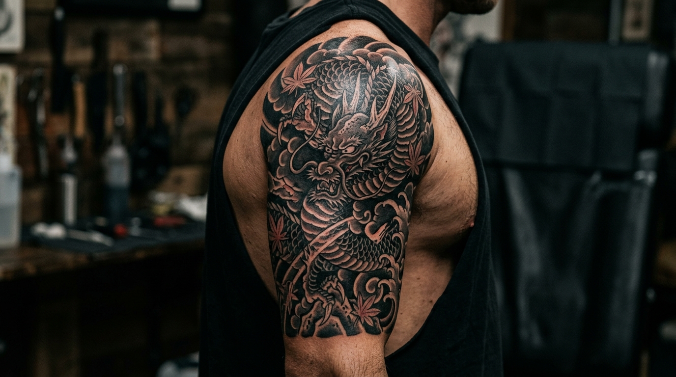 Японская тату рукав — дракон на плече, чёрно-серый