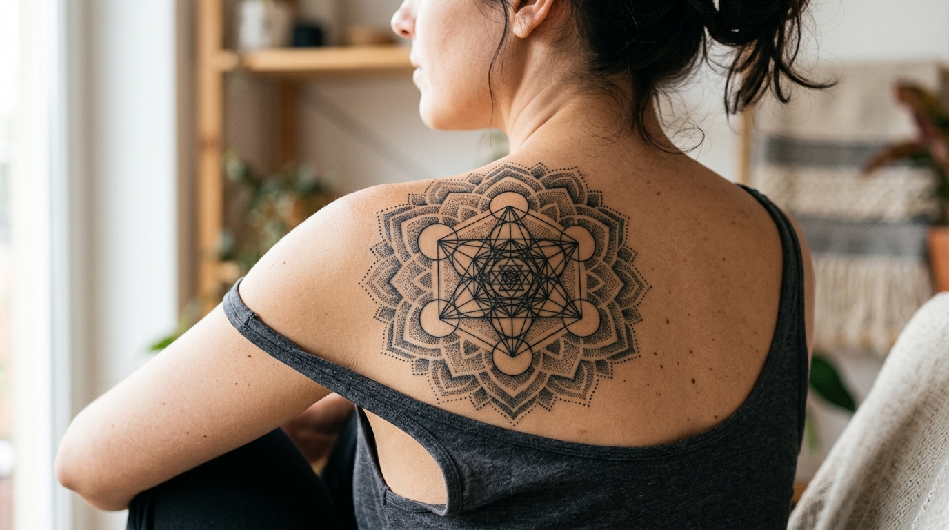 Геометрическая тату на лопатке — мандала дотворк