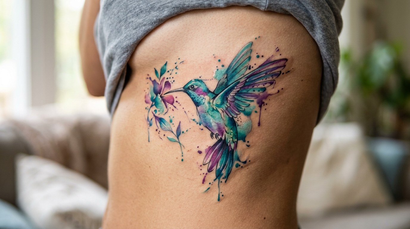 Акварельная тату колибри на рёбрах — бирюзовый и фиолетовый