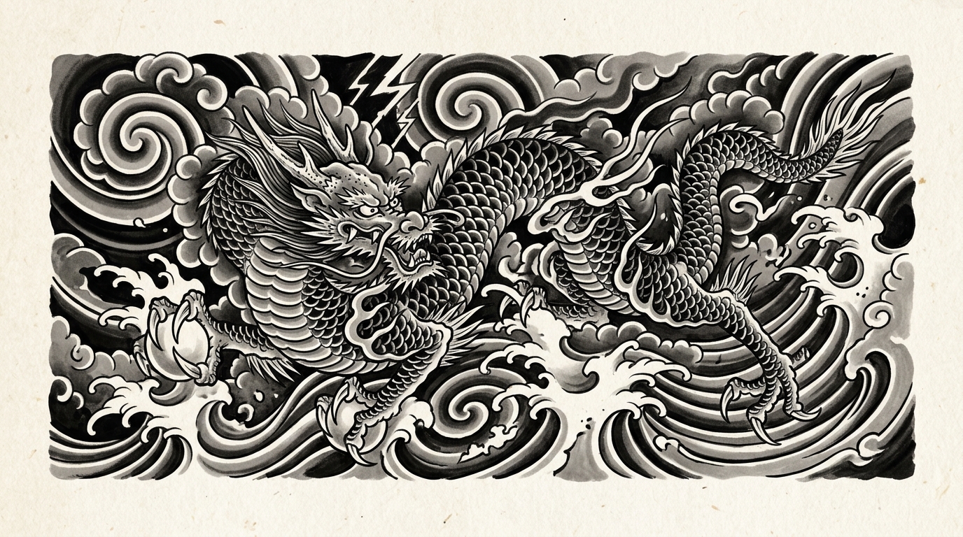 Эскиз тату в японском стиле — дракон с облаками и волнами