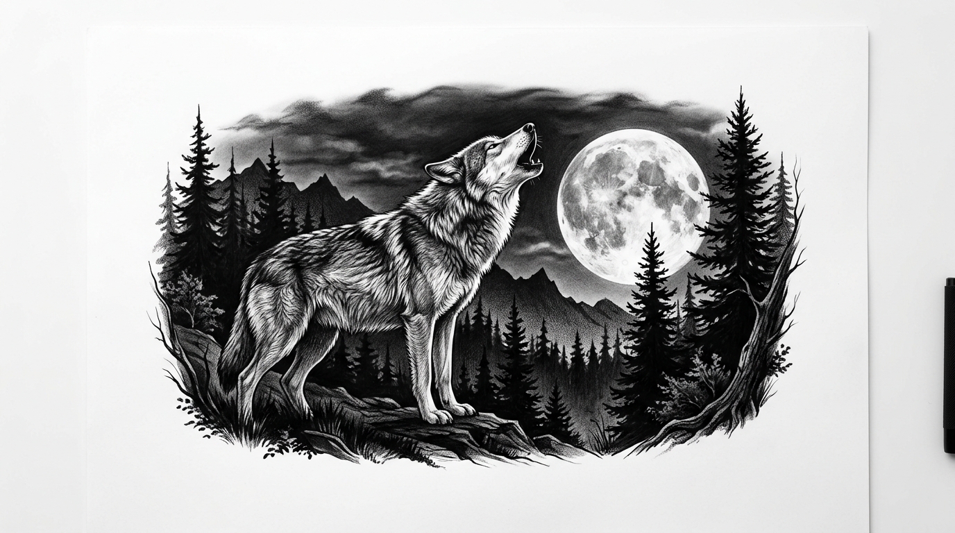 Эскиз тату реализм — волк воет на луну, чёрно-серый