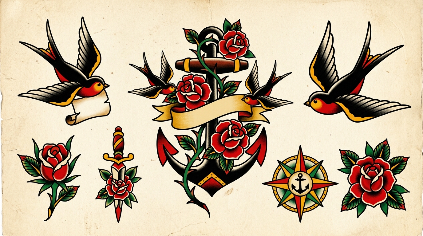 Эскиз тату олдскул — якорь с розами и ласточкой