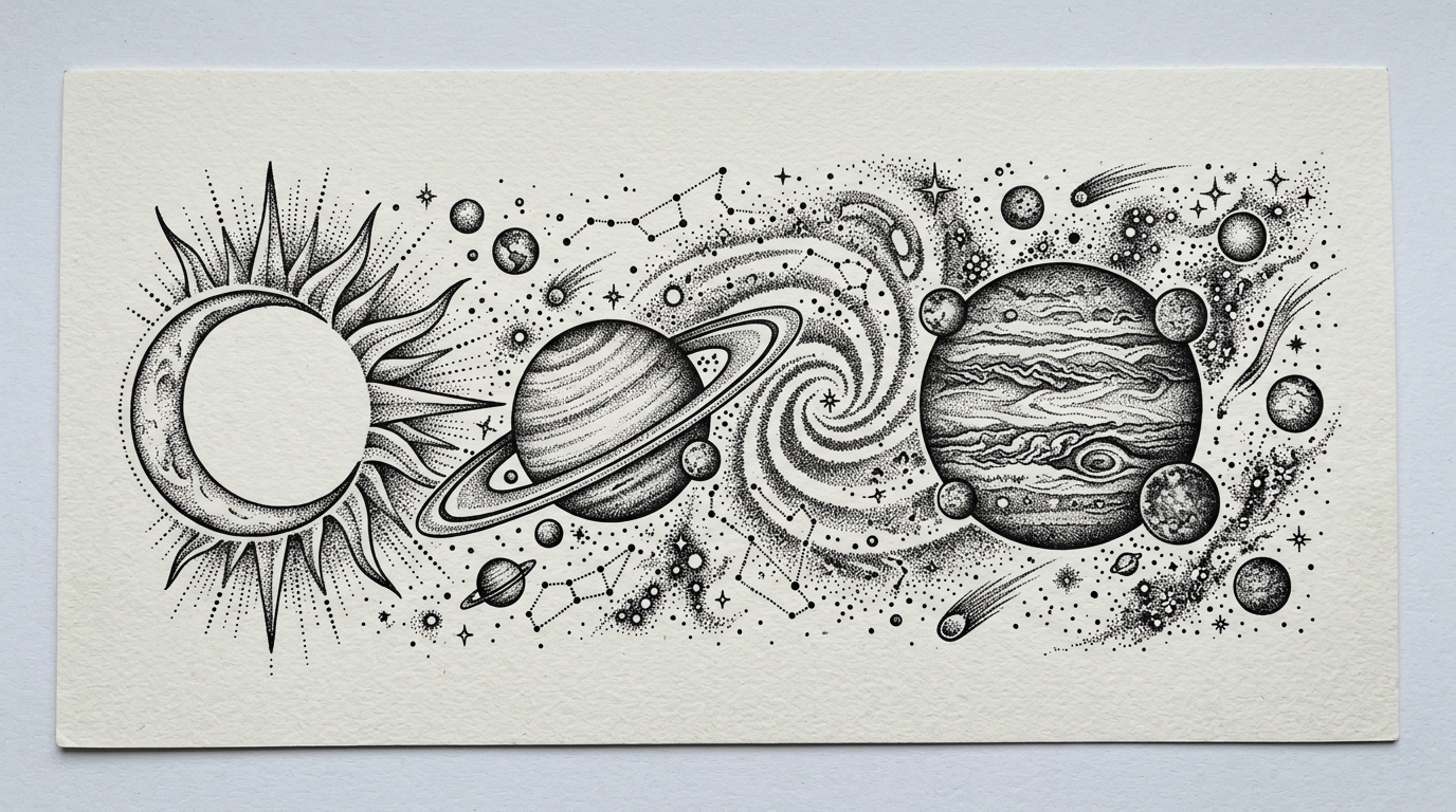 Эскиз тату дотворк — космические планеты из точек