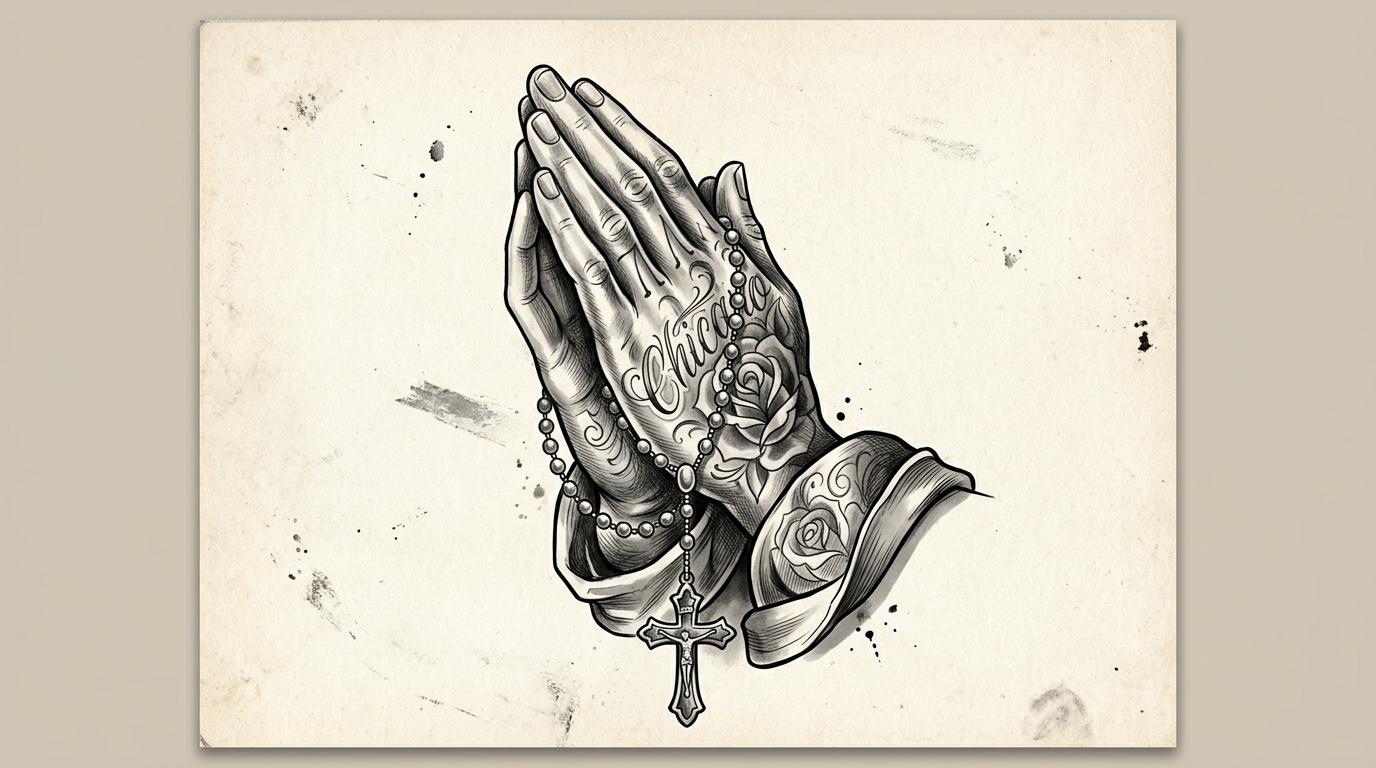 Эскиз тату чикано — молящиеся руки с чётками