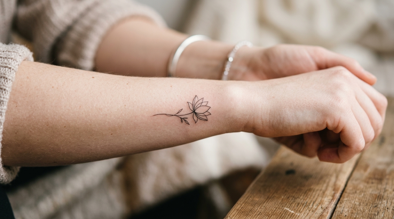 Минималистичная тату на предплечье — лотос тонкими линиями
