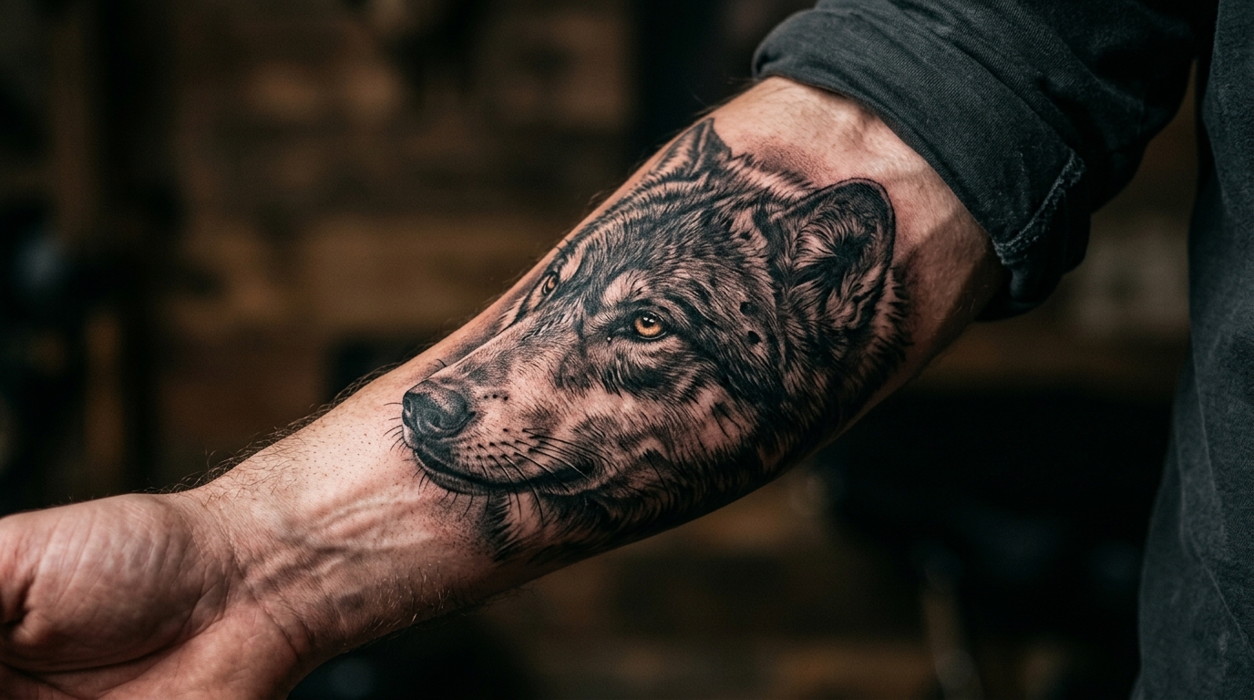 Реалистичная тату волк на предплечье — чёрно-серый портрет
