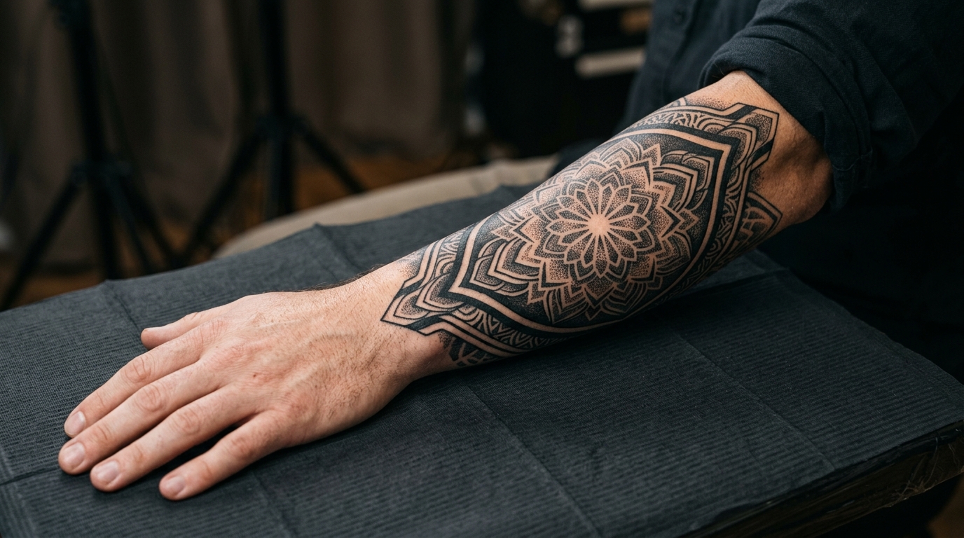 Мандала в стиле блэкворк на мужском предплечье