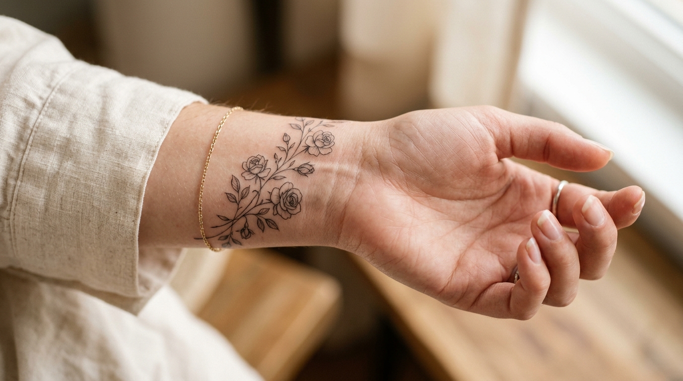 Нежная цветочная тату на женском запястье в стиле минимализм