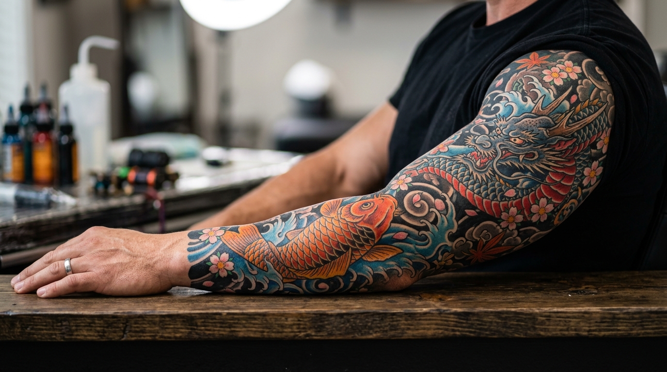 Японский тату-рукав с карпами кои, волнами и сакурой