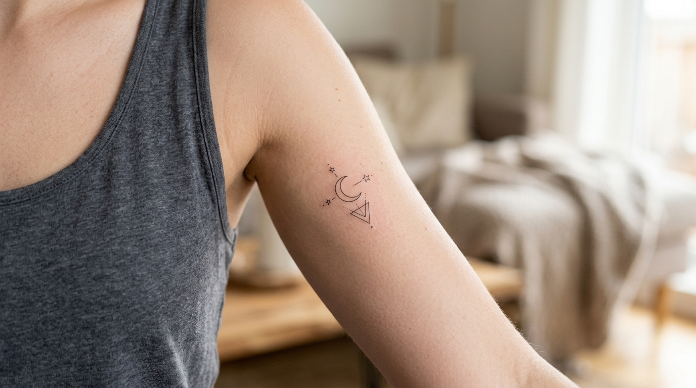 Минималистичная тату на женском плече — луна и звёзды
