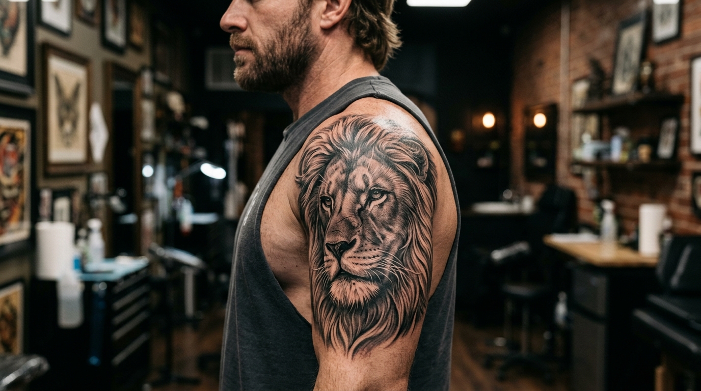 Реалистичная тату льва на плече — чёрно-серый реализм