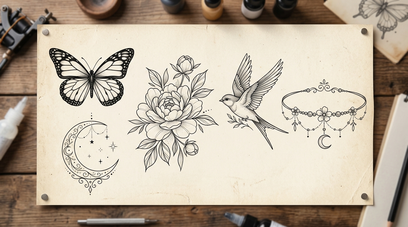 Женские эскизы тату: бабочка, пион, полумесяц, птица