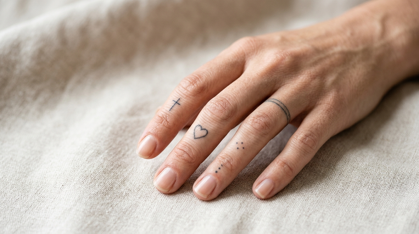 Минималистичные тату на пальцах — крестик, сердце, точки