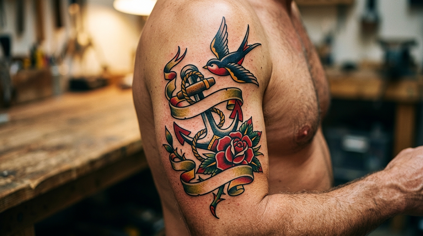 Тату олдскул на руке — якорь, ласточка, роза