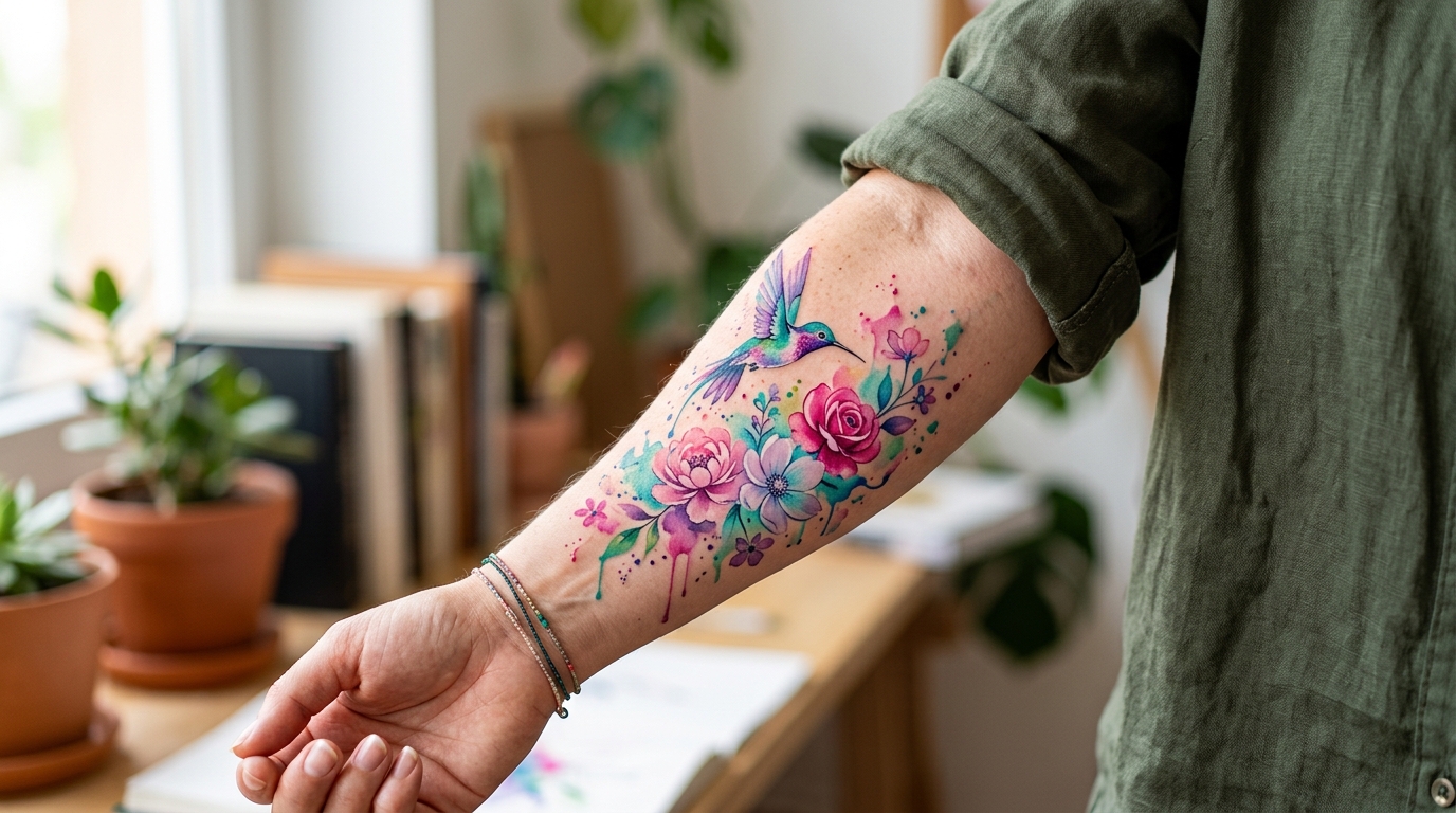 Акварельная тату с колибри на женском предплечье