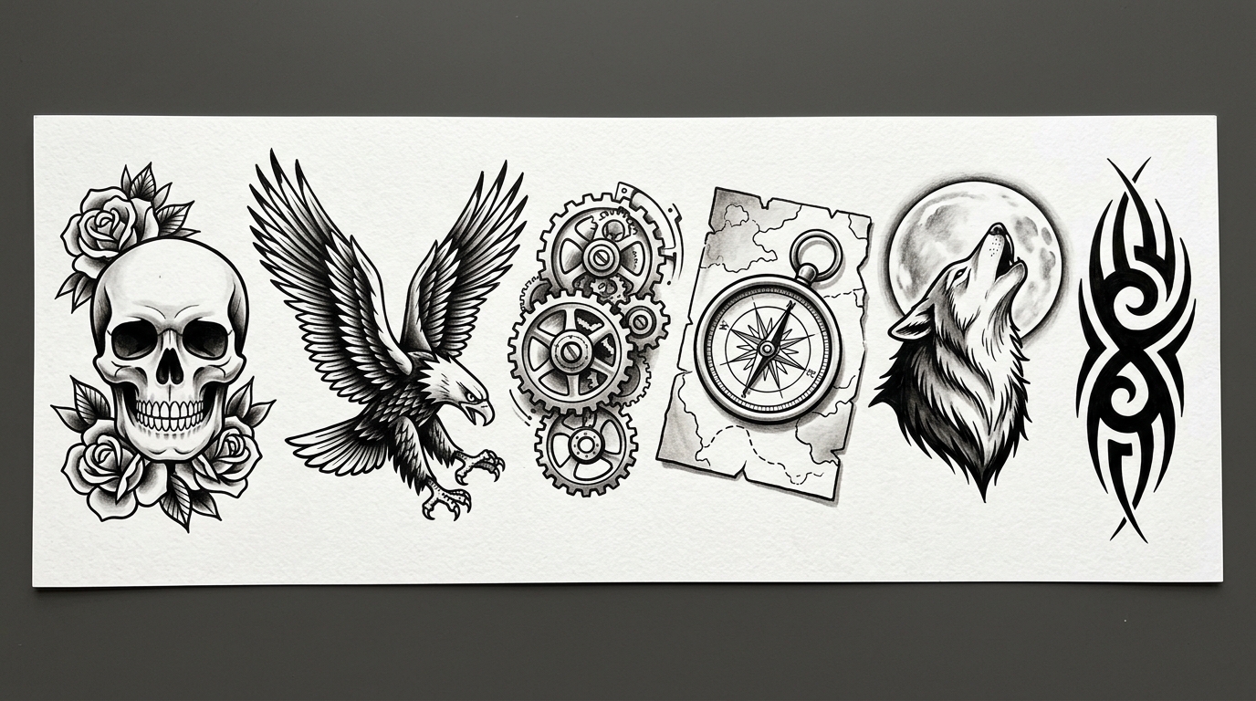 Мужские эскизы тату: череп, орёл, компас, волк, трайбл