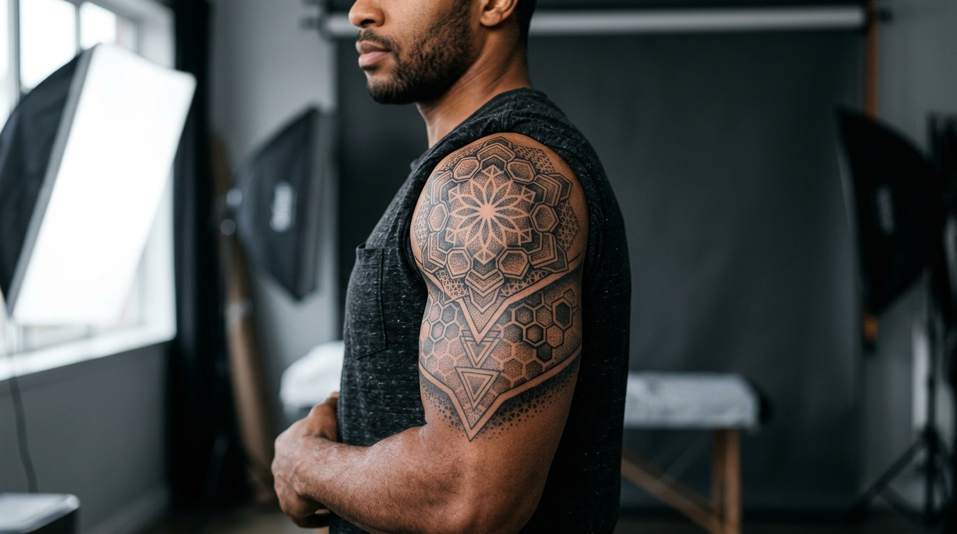 Геометрическая тату на плече в стиле сакральная геометрия