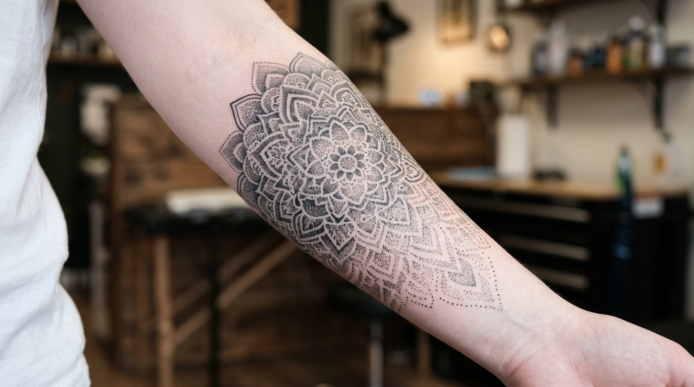 Дотворк мандала на предплечье — градиент из точек