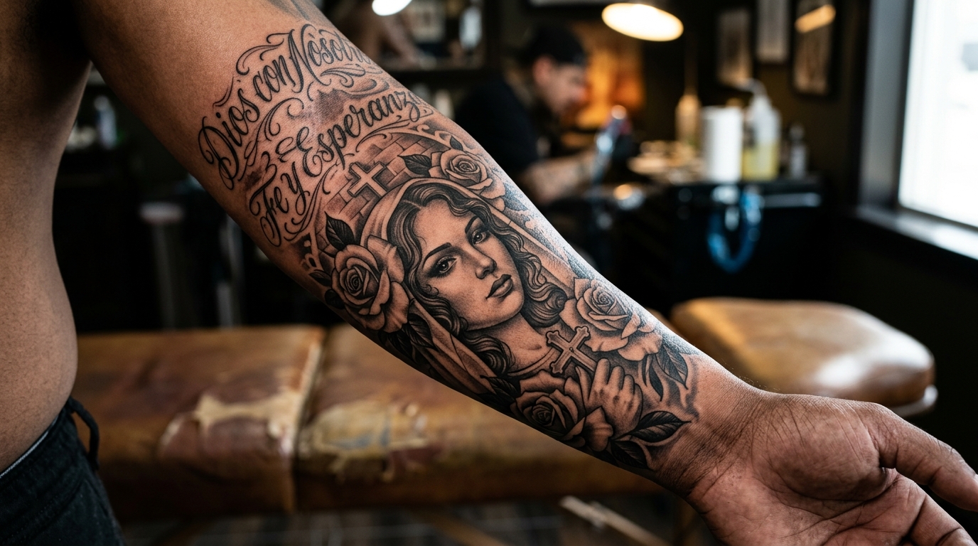 Тату в стиле чикано на предплечье — портрет и розы