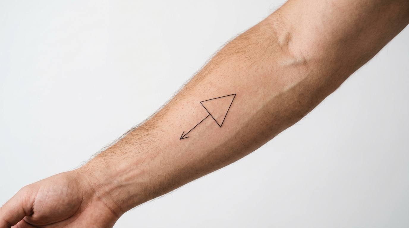 Минималистичная тату на предплечье — тонкие линии, геометрический треугольник и стрелка