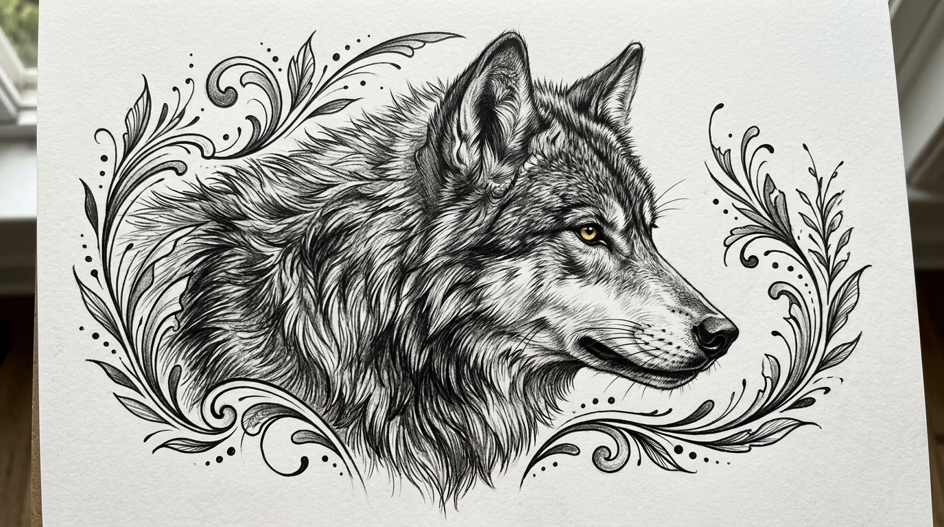 Эскиз тату в стиле реализм — детализированный портрет волка чёрными чернилами