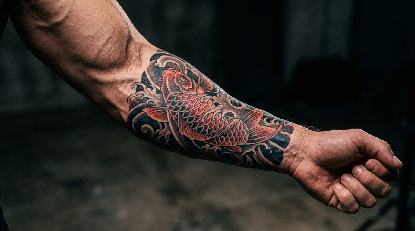 Тату на предплечье в японском стиле — карп кои с волнами, красные и чёрные оттенки