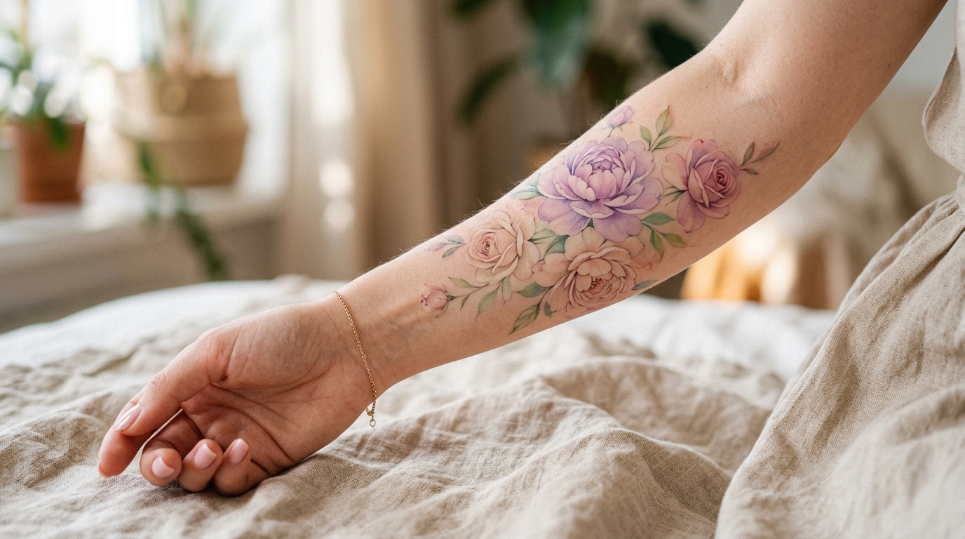 Тату на предплечье в акварельном стиле — нежные цветы пионы и розы, пастельные тона