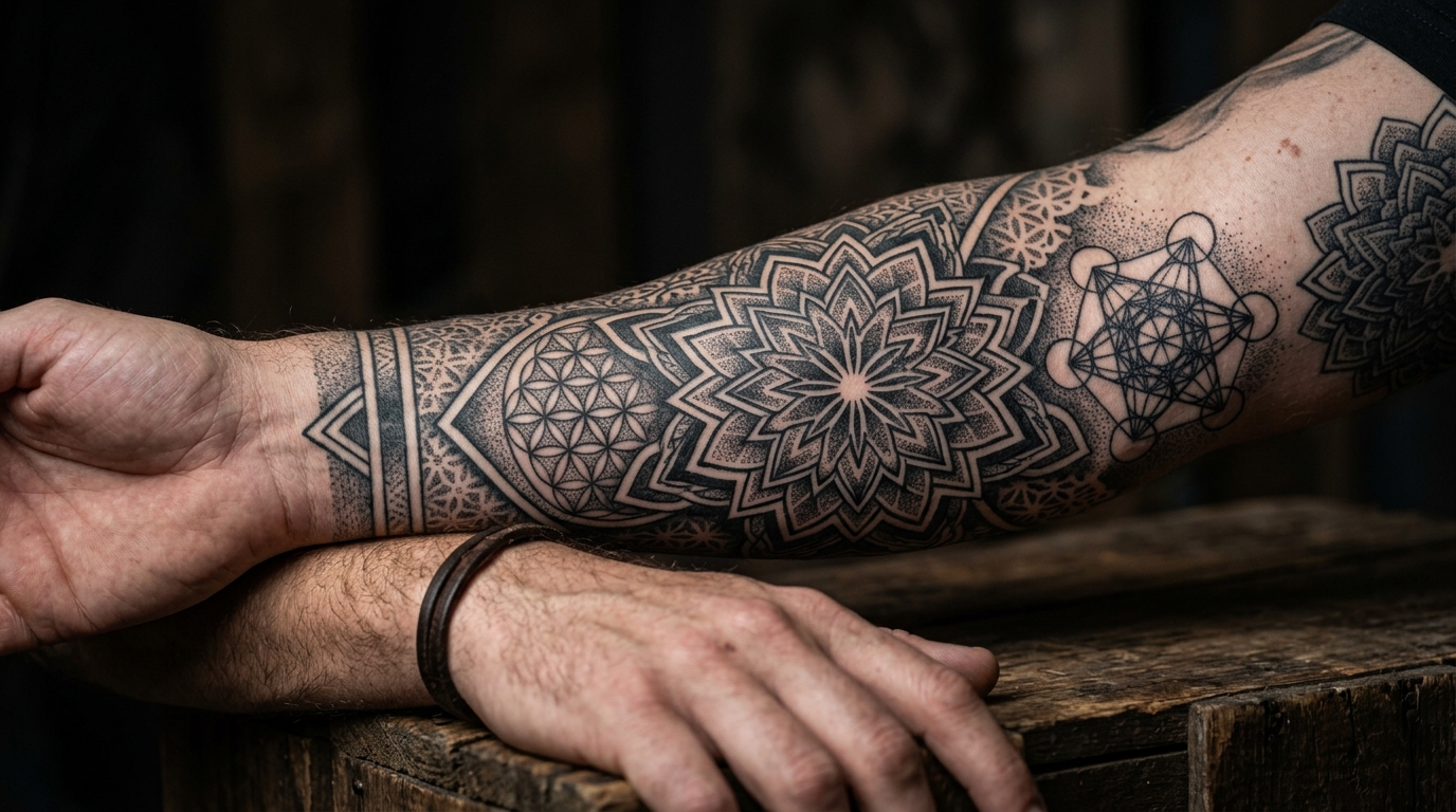 Тату на предплечье в геометрическом стиле — мандала и сакральная геометрия, дотворк