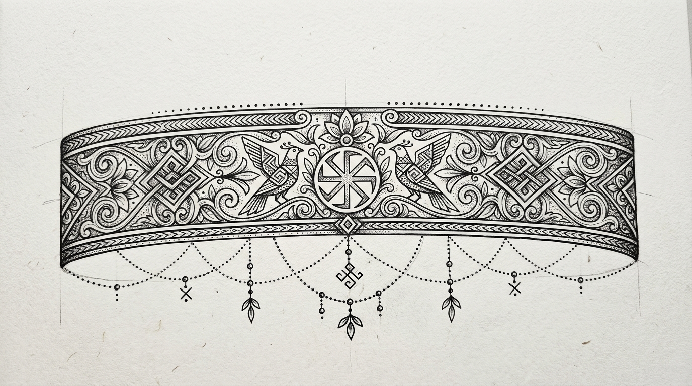 Эскиз славянской тату-орнамента для предплечья — традиционный русский узор, браслетная композиция