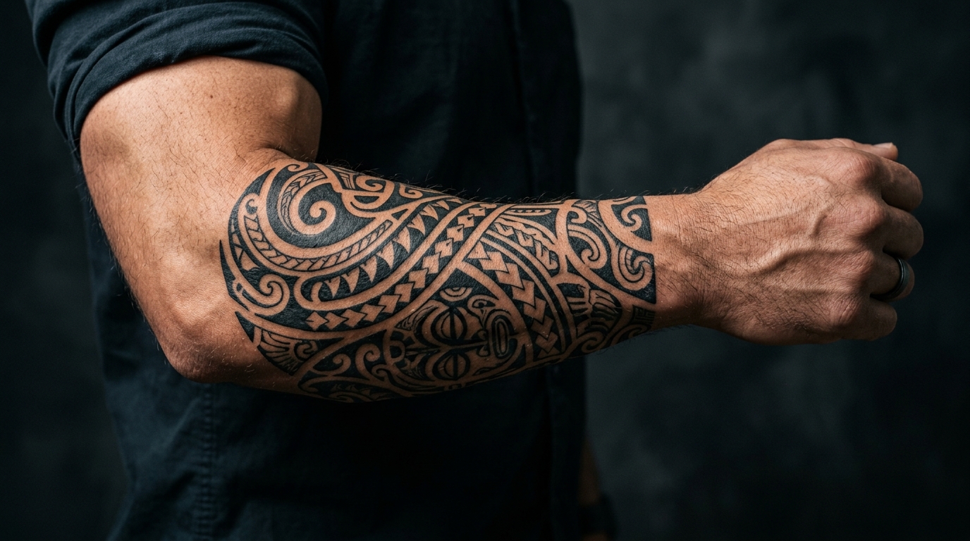 Мужская тату на предплечье — полинезийский трайбл, массивный чёрный узор