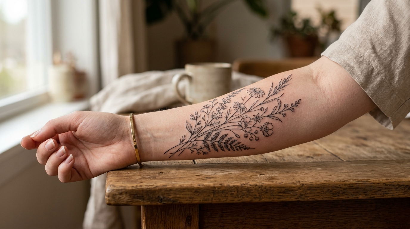 Женская тату на предплечье — нежные полевые цветы и листья, тонкие линии